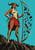 Horned woman in ivory, red, and gold armor stands beside an oversized crescent-shaped structure containing floating dark metal fragments against turquoise.