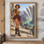 Fantasy adventurer in gold and burgundy clothing overlooking a turquoise river valley between pale cliffs.; frame shown for styling only
