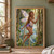 Lavender-winged fairy reaching toward a hanging root among forest leaves, with a distant waterfall.; frame shown for styling only