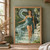 Woman in teal standing in a clear stone garden pool with a large pale serpent curving behind her.; frame shown for styling only