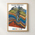 Illustrated mountain cutaway with peaks, a central gorge and waterfall, brightly colored folded strata, and six unlabeled swatches.; frame shown for styling only