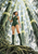 Braided woman in a green leaf-patterned outfit touching a bamboo stalk in a luminous grove.