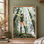 Braided woman in a green leaf-patterned outfit touching a bamboo stalk in a luminous grove.; frame shown for styling only