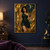 Dark-haired woman in a green dress framed by flowing gold fabric, bead-like spheres, and moon-like discs.; frame shown for styling only