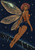 Red-haired winged woman floating diagonally against a starry navy sky, with ornate gold-lined wings and pale green crystal-like panels.