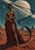 Woman in a bronze bodice and red skirt beneath a large ringed planet, with a dark looping form crossing a rust-red landscape.
