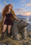 Antlered woman in a purple dress beside a large stone-bodied animal on a mountain overlook above a lake at sunset.
