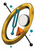 Tilted gold ring around a teal tuning-fork-like form, unmarked white dial, orange prism, black rods and teal dots on white.
