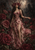 Woman in a layered pink floral gown among oversized red roses, with a branch-and-blossom crown partly covering her face and a pale glow behind her.