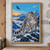 Spotted snow leopard standing on a snowy alpine ridge, looking toward a dark bird beneath an apricot sunrise.; frame shown for styling only