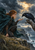 Copper-haired woman in a dark teal cloak offering a small key to a raven on a branch beside stormy coastal cliffs.