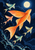 Five colorful fish with winglike fins sweep upward in a loose spiral beneath a full moon against a dark indigo sky.
