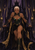Short-haired fantasy queen in black and deep green seated on a pointed dark throne between gold emblems and lamps.