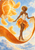 Citrus-themed fantasy woman in a white floral bodice and orange petal skirt surrounded by oversized orange slices and curling peel.