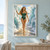 Woman in a dark teal swimsuit walking through shallow water between towering walls of sea foam, with sunlit sea behind her.; frame shown for styling only