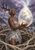 Antlered woman in a layered gray-white dress gazing toward a glowing cloudlike egg above tangled roots, with mountains and storm clouds behind her.