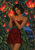 A woman in a red dress holds a glowing pomegranate among leafy branches filled with luminous red-orange fruit.