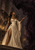 A woman in an ivory gown with dark patterned wings raises a hand toward a looming shadow in a candlelit Gothic interior.