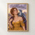 Red-haired woman in a gold gown with a small blue dragon perched on her shoulder as rain falls over a distant city.; frame shown for styling only