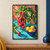Glass jar filled with leafy red radishes beside a cobalt bowl of lemons and a walnut on a turquoise counter, against a coral wall.; frame shown for styling only