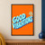 Dimensional pale-aqua lettering reading “GOOD VIBRATIONS” sweeps upward on an orange background, with indigo shadows and three aqua sound-wave marks.; frame shown for styling only