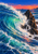A large cobalt wave curls beside a dark rock stack, throwing white spray against a coral-pink sunset horizon.