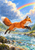 Orange-and-white fox leaping rightward over a turquoise stream, with spray, rocks, green banks, clouds, and a rainbow.