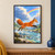 Orange-and-white fox leaping rightward over a turquoise stream, with spray, rocks, green banks, clouds, and a rainbow.; frame shown for styling only