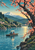 Two travelers in a small ferry beneath a pale parasol cross a blue river framed by coral blossoms, with hills and a snowy mountain in the distance.