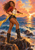 Smiling curly-haired adventurer in a red jacket and tall boots on seaside rocks at sunset, with a long gold sash streaming to either side.