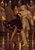 Woman in a burgundy gown dances with a pale violin-holding figure among candles in a dark hall.