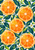 Decorative pattern of orange cross-sections, teal leaves, and small white blossoms on a warm-white background.