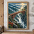 Red-brown timber footbridge over a waterfall ravine in rain, with two travelers, a shelter, misty ridges, and sunbeams.; frame shown for styling only