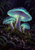 Three luminous mushrooms with detailed gills and water droplets growing from moss against a dark, fern-framed background.