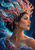 Right-facing fantasy woman in profile with a branching coral crown, translucent blue ribbons, and droplets against indigo.