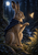 A brown-gray hare in a dark blue crescent-clasp cloak raises a forepaw toward a glowing moth in moonlit woods.