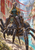 Pointed-eared woman in teal and gold rides a large saddled spider through a cliffside settlement above turquoise water.