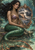 Seated mermaid with a green-scaled tail holds an ornate shell-and-coral mirror reflecting a stormy sea underwater.