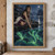 Woman in a dark plum dress kneels beside a fractured reflective surface at a moonlit fjord beneath a green aurora.; frame shown for styling only
