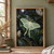 Pale green long-tailed moth with open wings resting on a dark wet-looking leaf among magnolia blossoms beneath a moon.; frame shown for styling only