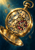 An open brass pocket watch reveals detailed gears and a red-toned central mechanism against a deep teal background.