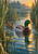 Green-headed drake in front of a mottled brown hen on reflective marsh water among tall reeds at sunrise.