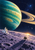 Turquoise-and-gold ringed planet above a rugged lavender moon-like surface, with a small lander, crystals, and stars.
