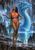 A woman in a coral-red outfit stands in a cavern pool with one palm extended; a large blue, spined dragon curves upward behind her amid falling water.