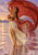Woman dancing in an ivory skirt with a red-orange veil, with a wolf behind her on reflective water at sunset.