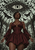 Woman in a burgundy dress beneath a large eye motif and winged insects inside a dark glass conservatory.