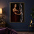 Woman in a burgundy gown parts dark drapery beside a luminous strip of stars.; frame shown for styling only
