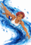 Red-haired woman in a white swimsuit swimming diagonally through a large blue brushstroke wave.