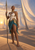 Barefoot spear-bearing woman in a pale top, gold-colored armor, and teal skirt among desert dunes and sail-like structures at sunset.