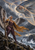 Winged woman in a purple and gold outfit holding a staff as a giant silver-blue fish looms over a stormy rocky coast.